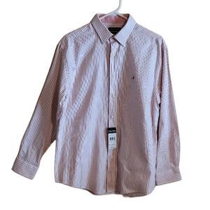 Nautica Men's Long Sleeve Shirt - 15 1/2  32/33 White with Coral Stripes